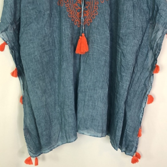 Fig & Vine Woman’s Embroidered Tassels Blue/Orange Tunic Size 1X - Picture 4 of 10